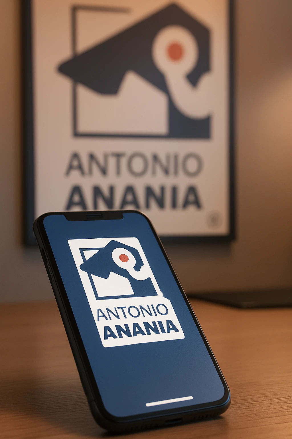A photo of an iPhone on the desk with the logo of "Antonio Anania" on its screen, The phone sits atop a desk with a blurred with the logo in the background that suggests work environment. A faint glow from above casts gentle shadows across the surface of each object, creating depth and highlighting their textures emoji