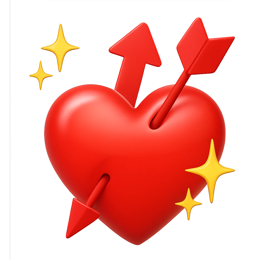 Add sparkles around the red heart with an up arrow rising from behind it, keeping the background transparent. Maintain the style and clarity of the original image. emoji