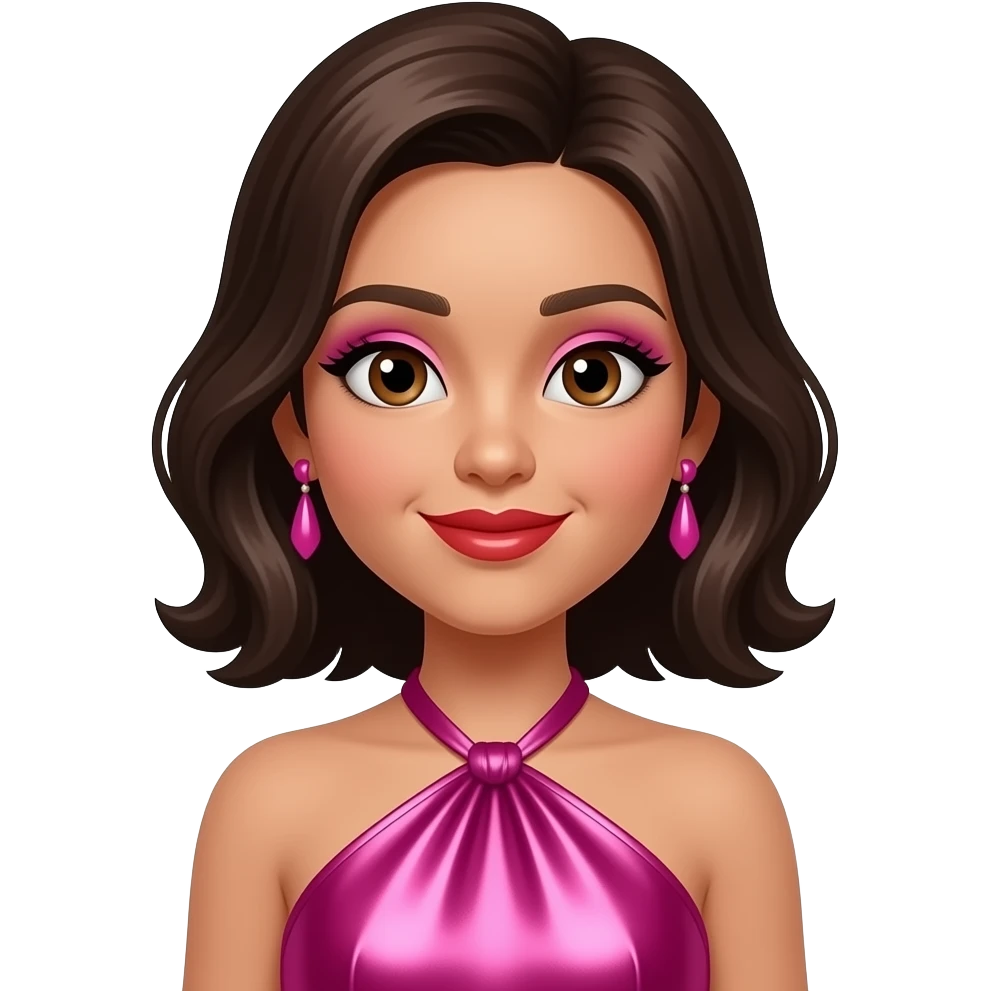 Kaye from The Next Kidz with light medium skin, brown eyes, medium dark brown hair, pink eyeshadow, red lipstick, hot pink metallic halter dress, pink earrings emoji