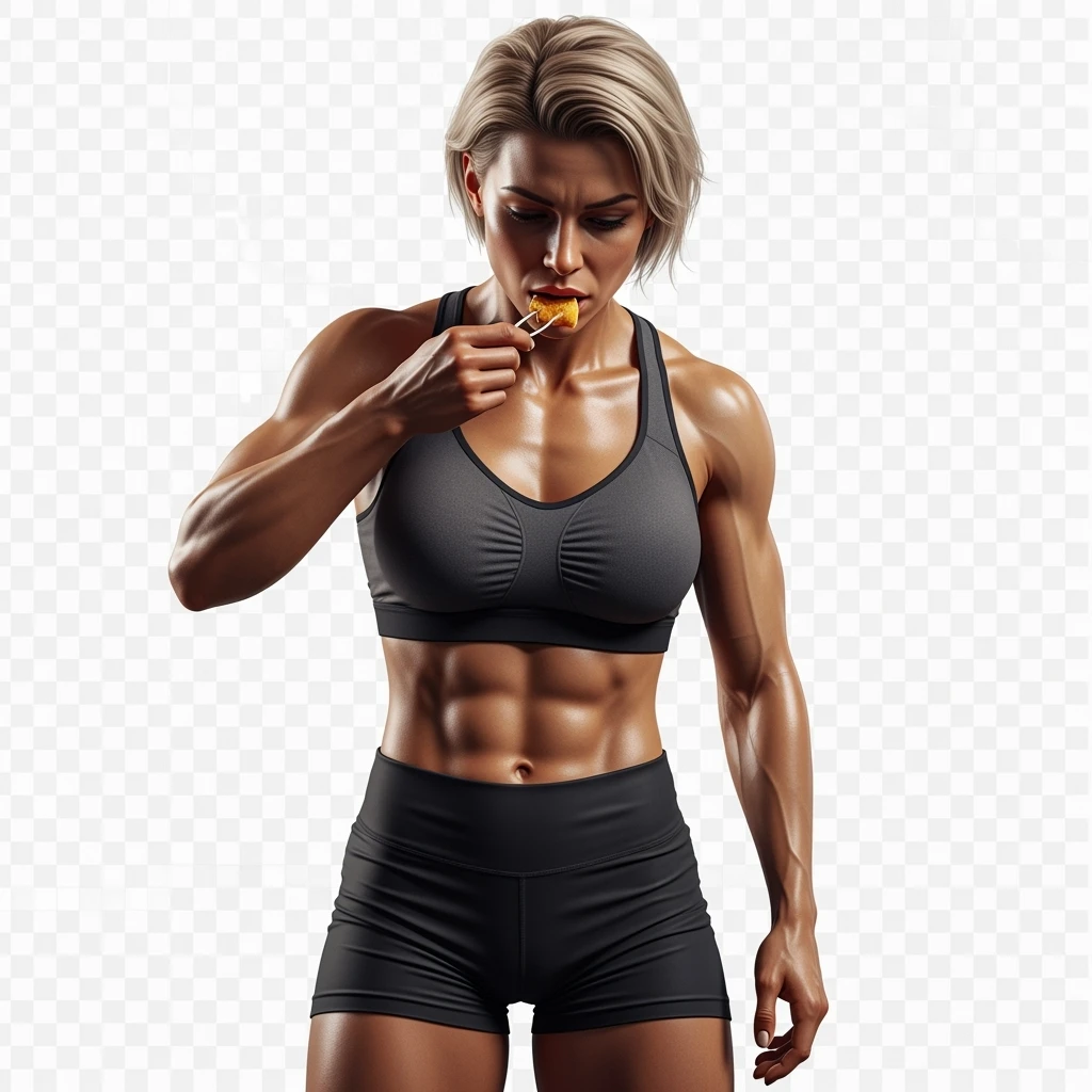 DONNA FITNESS CHE MASTICA CIBO, IPERREALISTICA 4K, SENZA SFONDO emoji