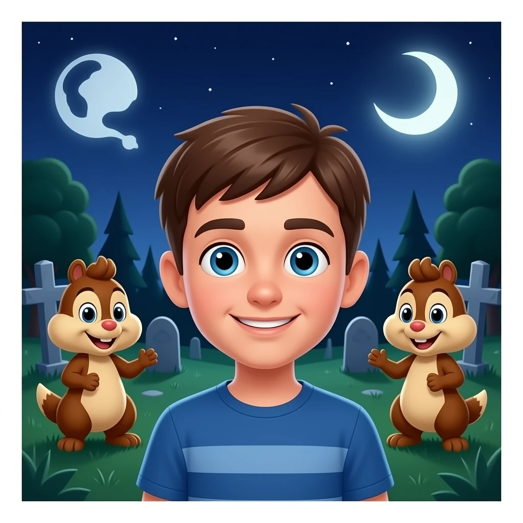 A boy doing a griddy in front of Alvin from the chipmunks at a graveyard emoji