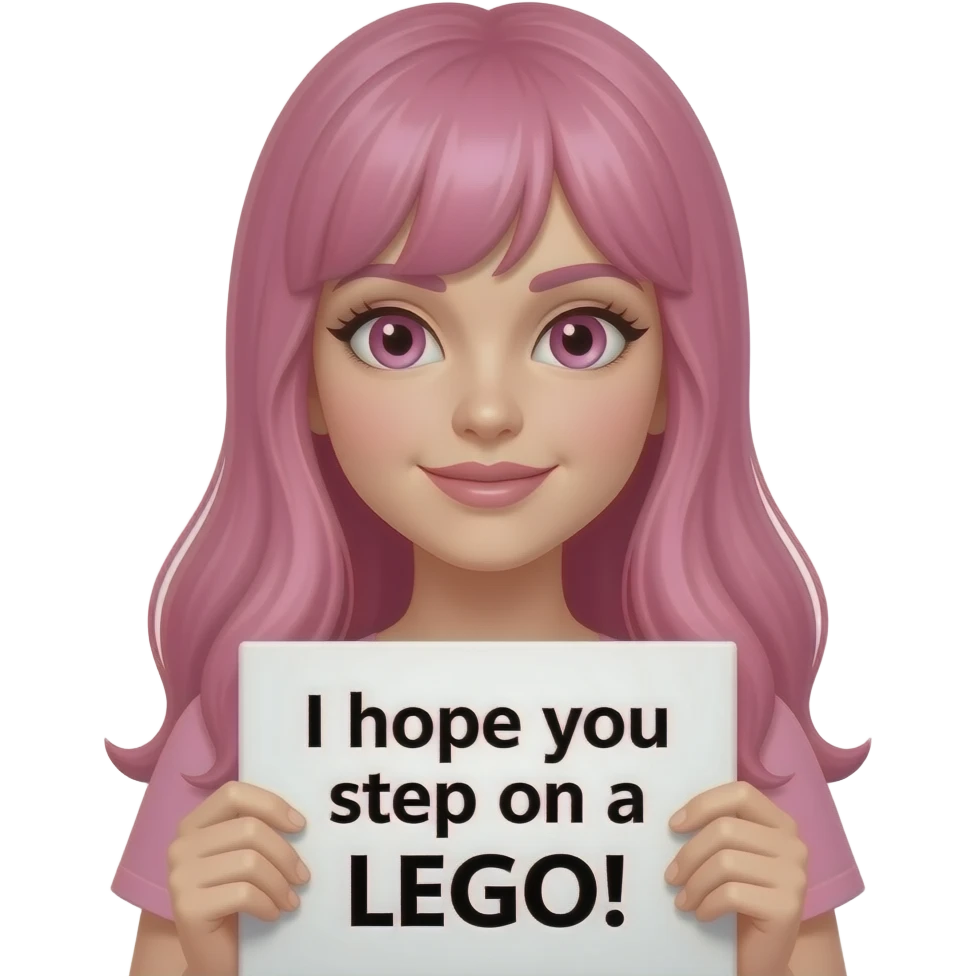 sexy girl with long pink hair and pink eyes holding a I hope you step on a LEGO! sign emoji