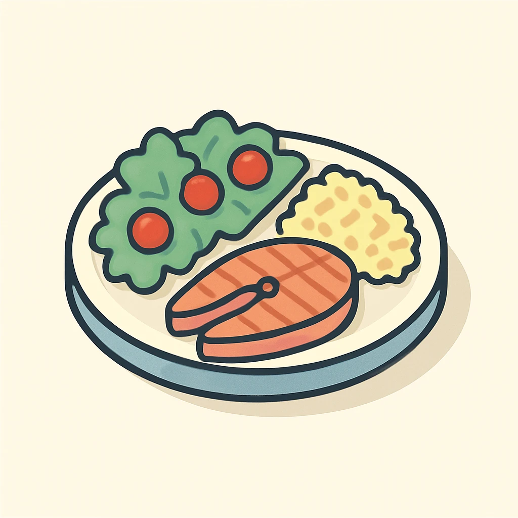 Harvard plate, half with lettuce and cherry tomatoes, one quarter with grilled salmon steak protein, one quarter with bulgur complex carbs, 2D isometric illustration style emoji