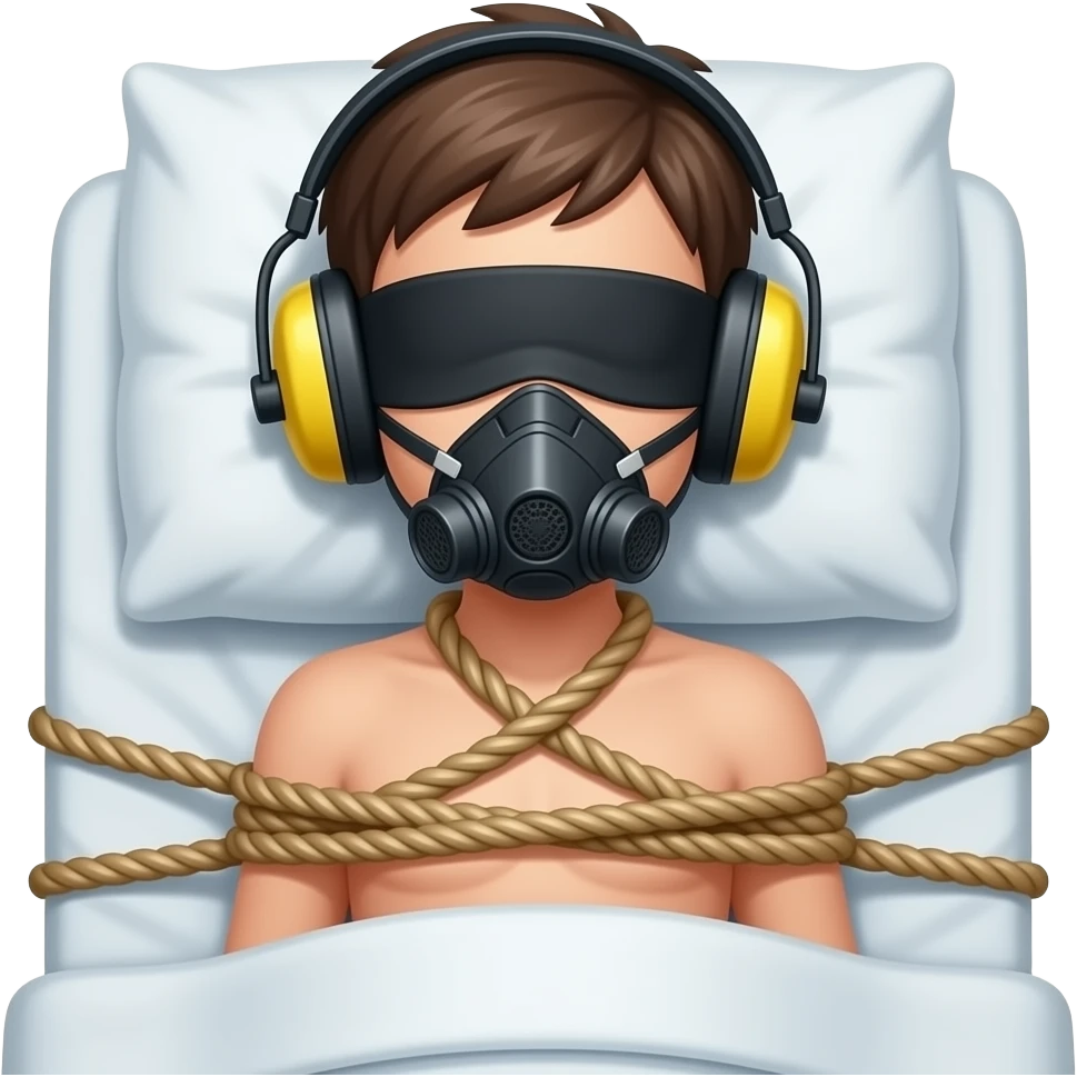 Naked boy tiedup blindfold bedtied muzzle earmuffs emoji