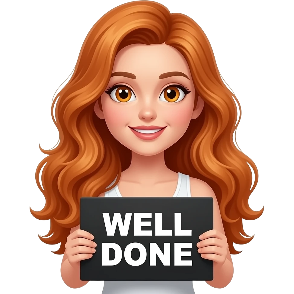 sexy girl with long wavy ginger hair and ginger eyes wearing a white tanktop is holding a black colored sign with WELL DONE written on it emoji