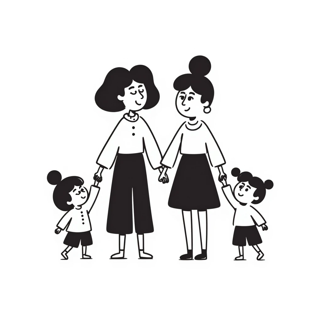black doodle illustration of two mothers holding hands with toddlers, minimal, happy family emoji
