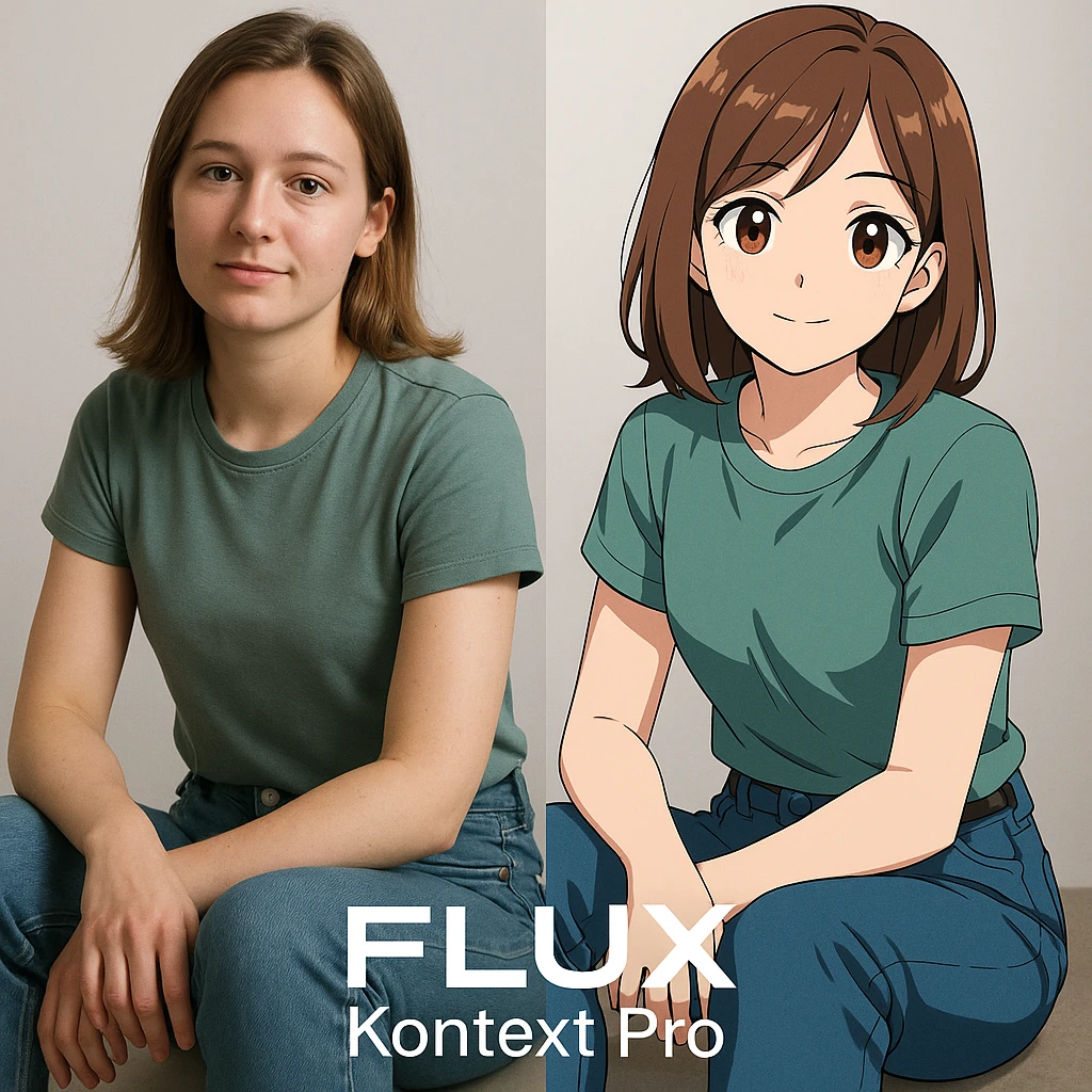 create before after image of a girl before is realsitic photo, after is anime version of her in same pose and clothes, add logo with text of a "FLUX Kontext Pro" emoji