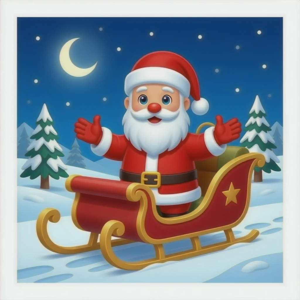 Santa and Rudolph the red nosed reindeer with his sleigh with the north pole surrounding them in the background emoji