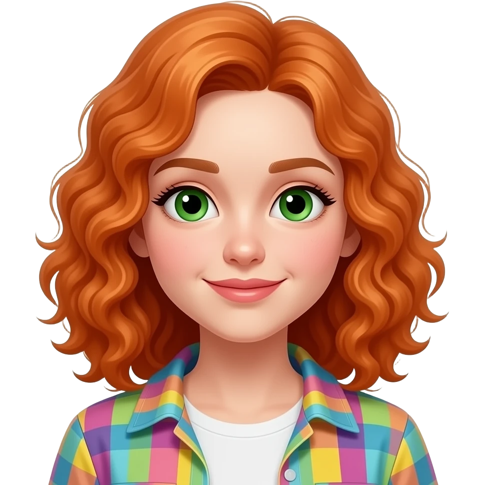 okey make a girl a bit cutter make hair longer like shoulder length and green eyes orange curly hair add stylish colorful clothes emoji