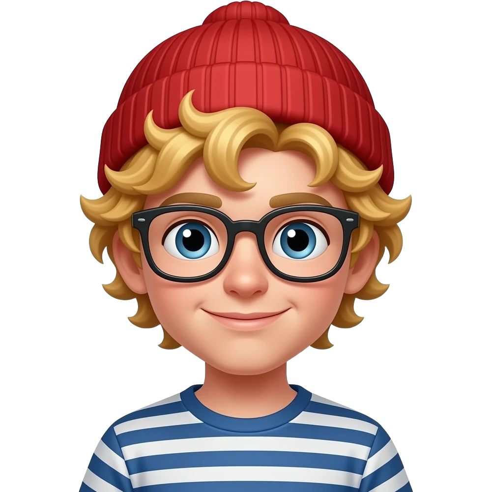 blond very curly  boy with red beanie and glassess emoji