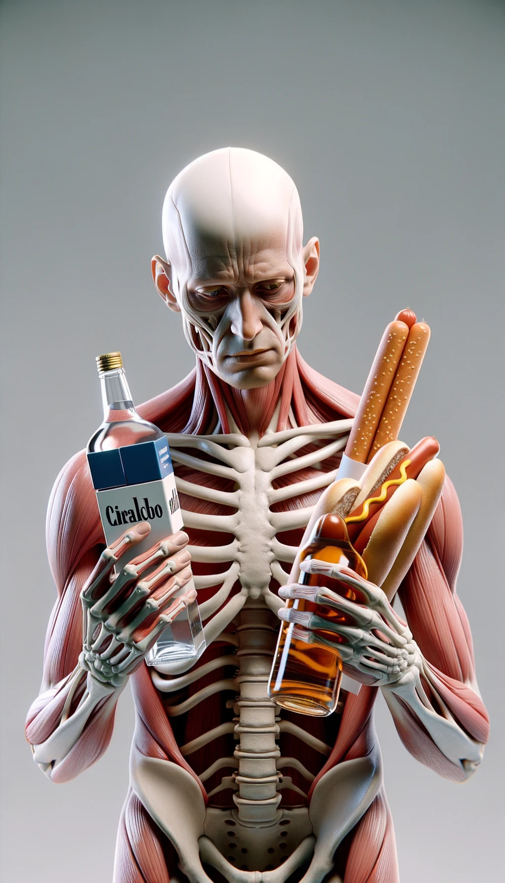 CORPO UMANO ANATOMICO CHE TRA LE BRACCIA SIGARETTE, ALCOL E WURSTEL CONFEZIONATI, LI GUARDA CON ESPRESSIONE INDECISA IN VOLTO, NEUTRAL CLEAR BACKGROUND, iperrealistico 4k emoji