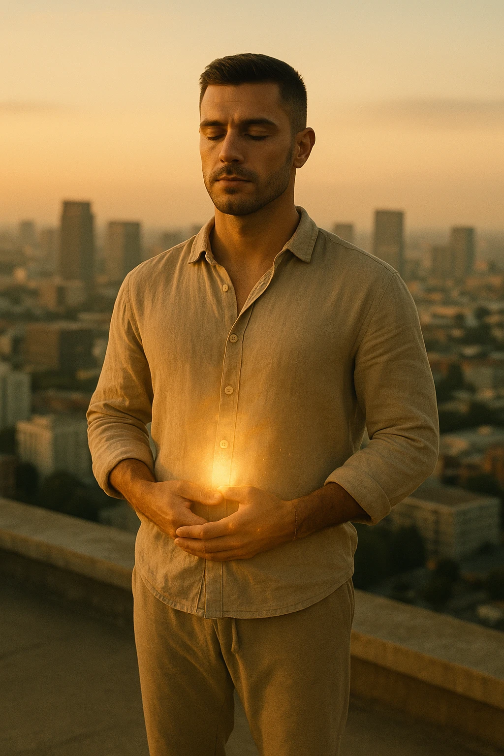 A cinematic portrait of a calm and composed man in his mid-30s, with light stubble and a defined jawline, standing alone on a rooftop at sunrise overlooking a quiet modern city. He’s wearing minimalist, earth-toned clothing — a linen shirt loosely buttoned, neutral joggers, barefoot. His hands rest gently over his abdomen in a meditative posture, eyes half-closed, reflecting clarity and focus. The early morning light bathes his face and body in soft gold, symbolizing renewal and healing. Around him, the city is still asleep, with only faint traces of life below. The air feels clean and silent. Subtle glow effects radiate gently from his chest and abdomen, suggesting internal regeneration. 35mm film style, shallow depth of field, realistic human textures and cinematic color grading with warm and natural tones. emoji
