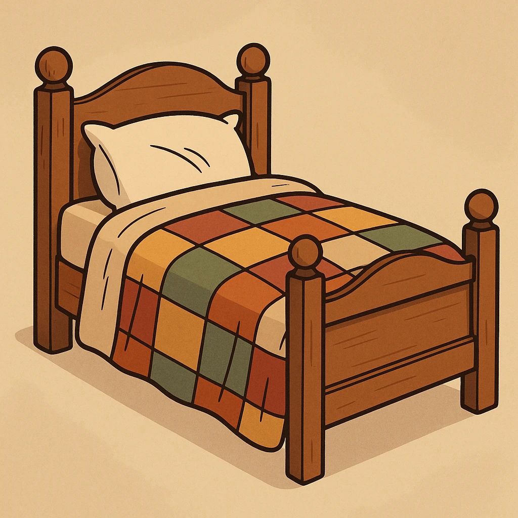 a classic wooden bed with a quilt, warm and traditional look emoji