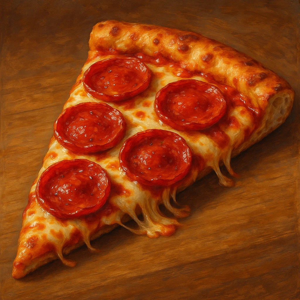 A slice of pepperoni pizza, delicious and cheesy, in general style, detailed and vibrant. emoji
