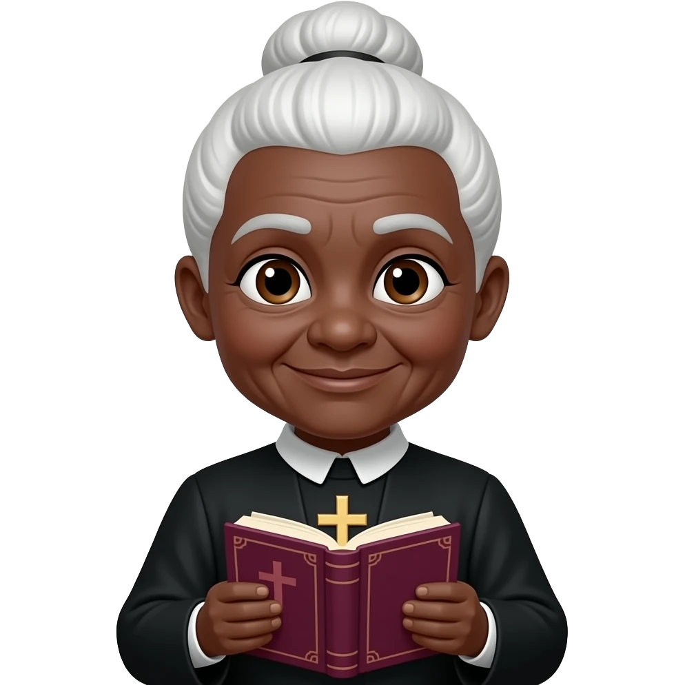 wise old woman with white hair in a bun black skin with burgundy book that has a cross on it emoji
