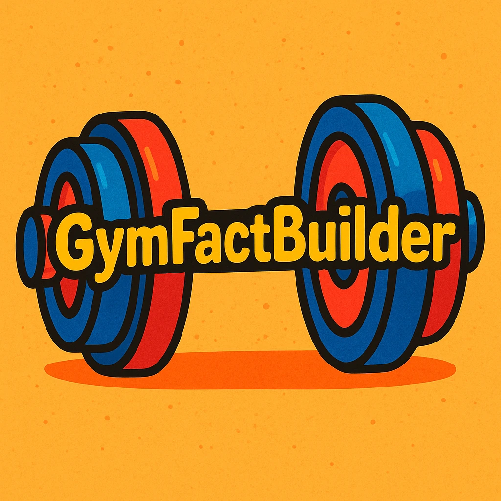 a bold, colorful cartoon style dumbbell with 'GymFactBuilder' written on it emoji