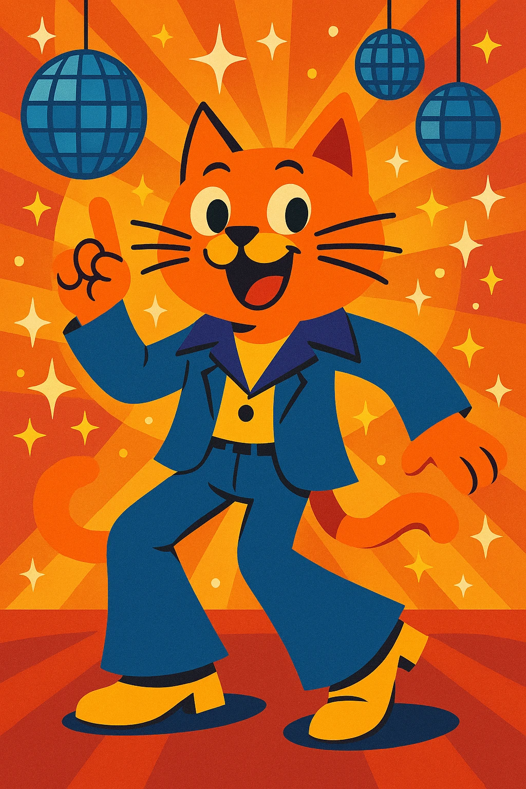 disco cat, 70s style, bell-bottom pants, disco ball background emoji