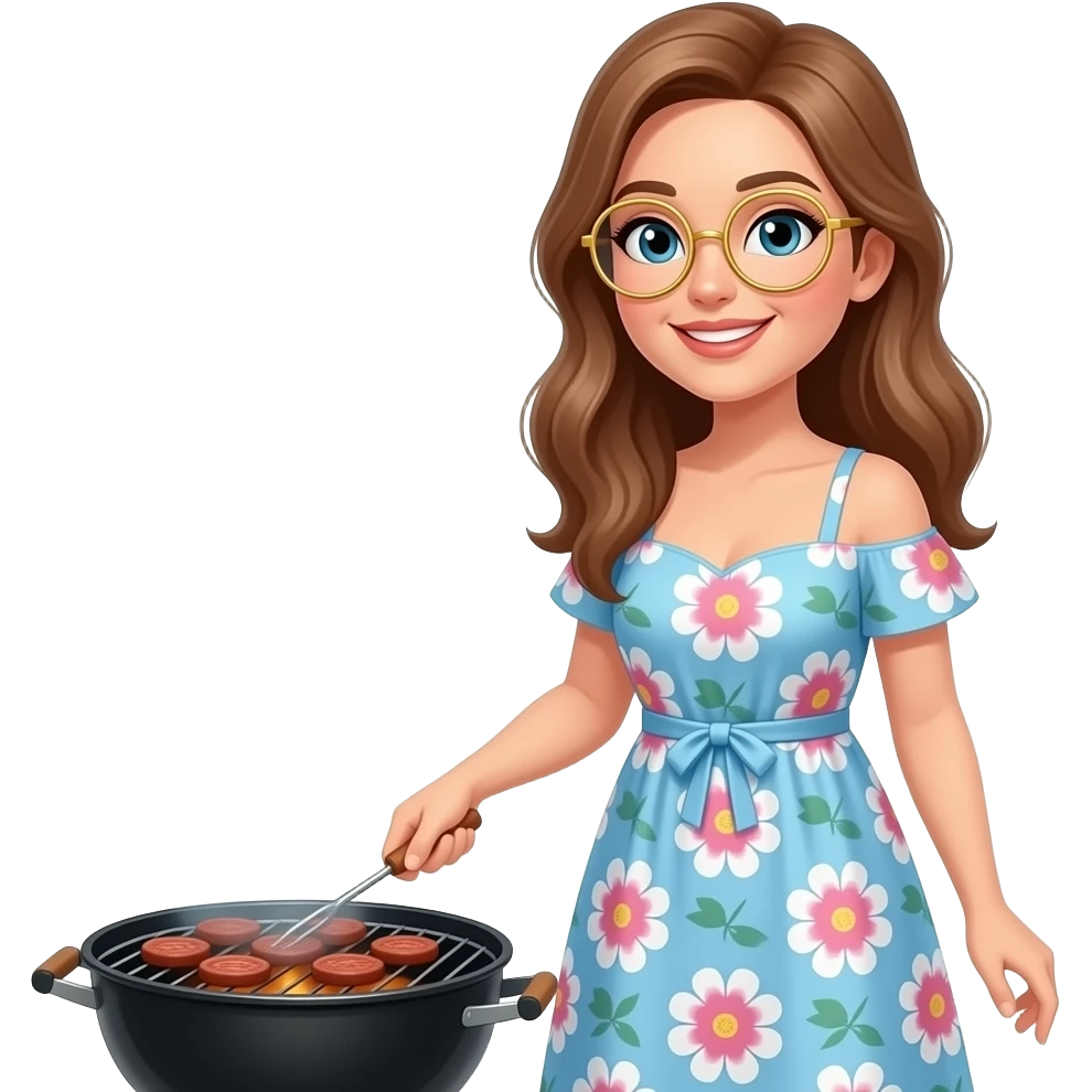 adult female wearing summer dress with long light brown hair and gold rimmed glasses grilling outside emoji