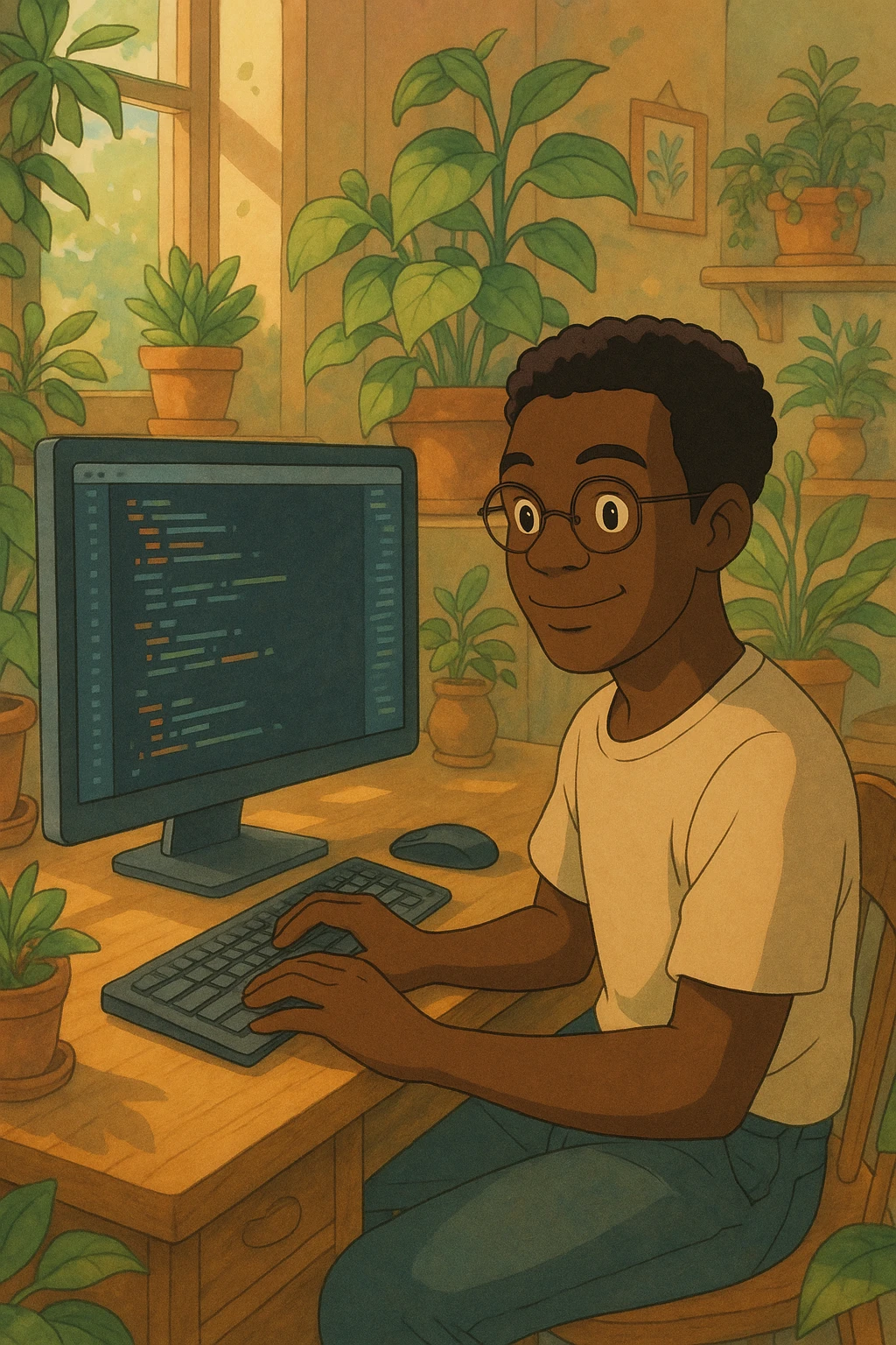 A black man coding on a desktop computer, Ghibli style, whimsical environment, natural light, friendly expression. emoji