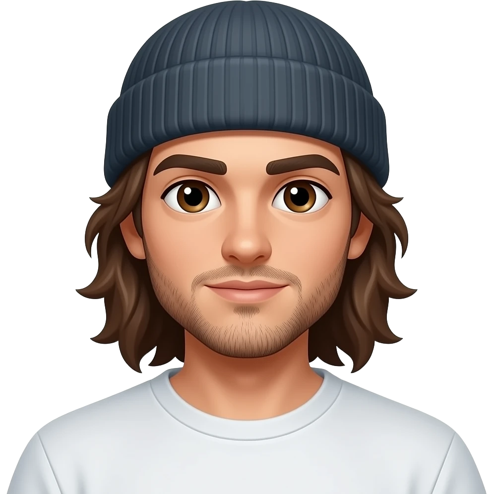 Lean physique, dark brown thick eyebrows, long brown hair man, scruffy 5 oclock shadow with beanie skateboarder emoji