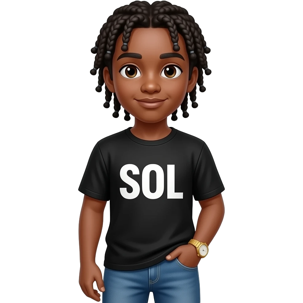 African American teenage boy with cornrow braids wearing a black shirt with the word soul on it in white capital letters wearing jeans wearing a gold watch emoji