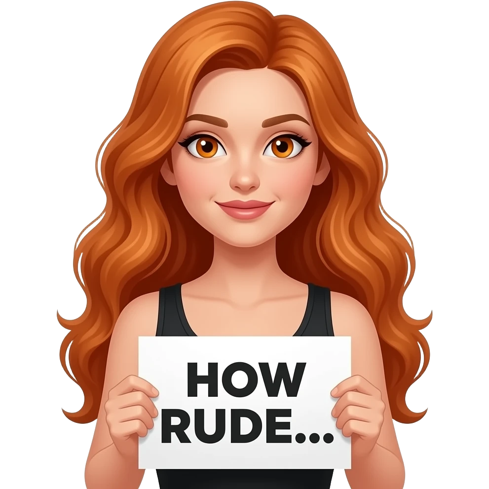 sexy girl with long wavy ginger hair and ginger eyes wearing a black tanktop is holding a white sign with WIE UNHÖFLICH... written on it emoji