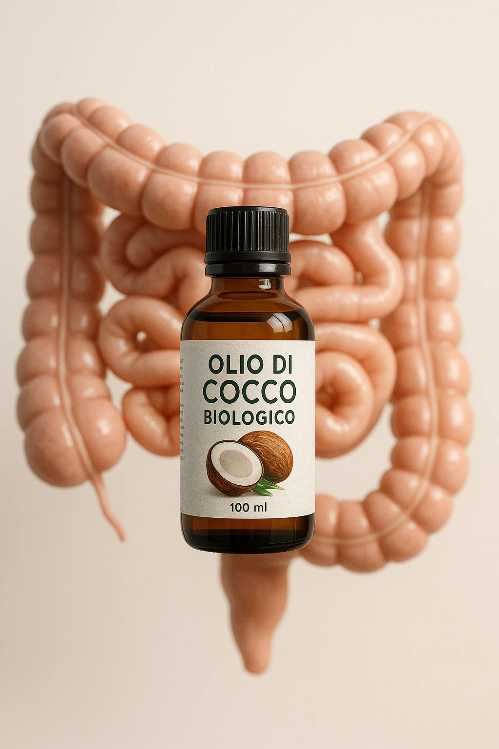 BOCCETTA DI OLIO DI COCCO BIOLOGICO (FAI UN ETICHETTA SUL PRODOTTO IN ITALIANO) CHE FLUTTUA IN ARIA DAVANTI A UN INTESTINO UMANO ANATOMICO IN PERFETTA SALUTE, SFONDO CHIARO, iperrealistico 4k emoji