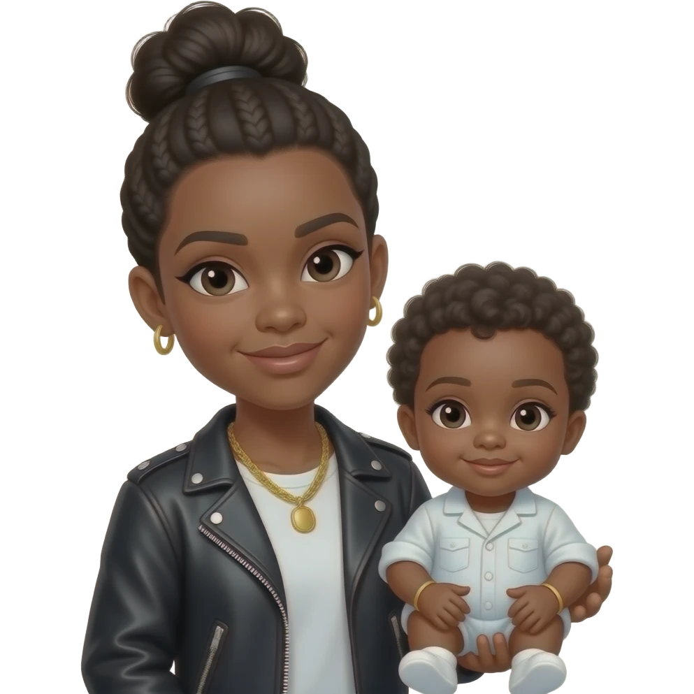 Make a girl with a messy bun that is a black and white woman and gangsta looking with a baby in her hands emoji
