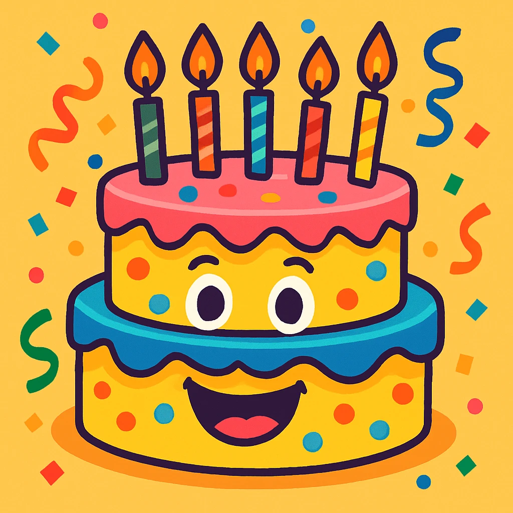 animated birthday cake, vibrant and festive, candles, confetti, cartoon style emoji