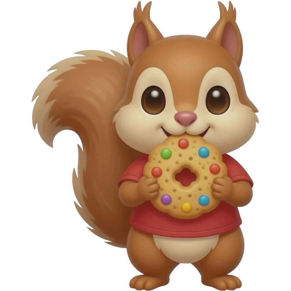 cute squirrel eating big colourful cookie, red clothes, front facing emoji