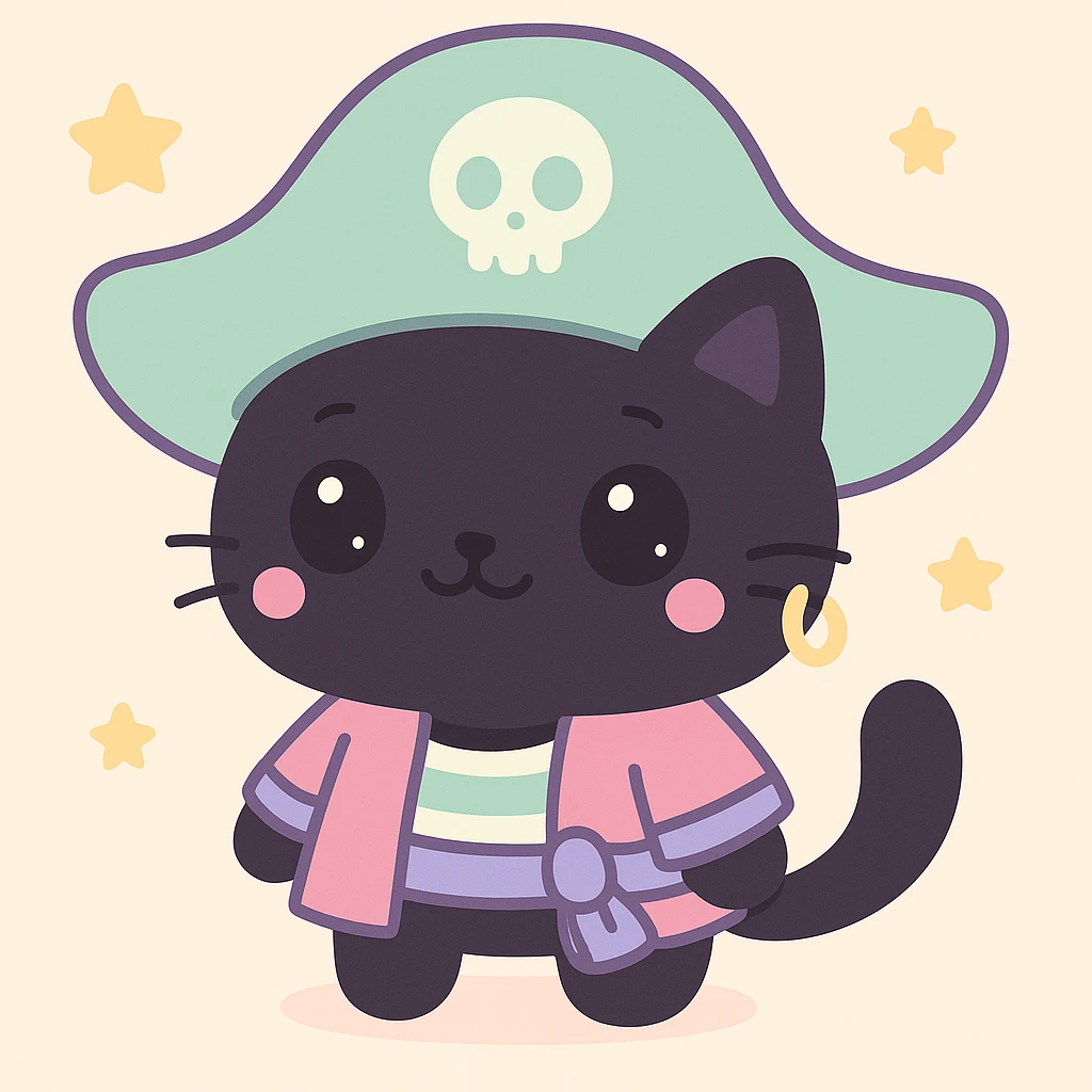 Male pirate cat in kawaii style with an oversized green hat, cute face, black fur, and a gold earring. emoji