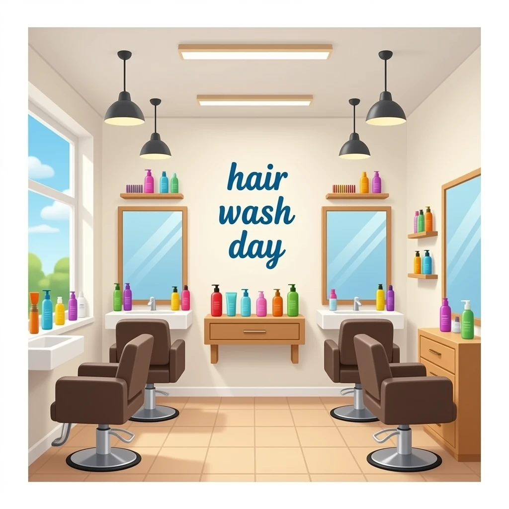 salon hair wash day’ written in the center, background decorated with hair care products like shampoo, conditioner, brushes, and mirrors, colorful and aesthetic, realistic style, no people emoji