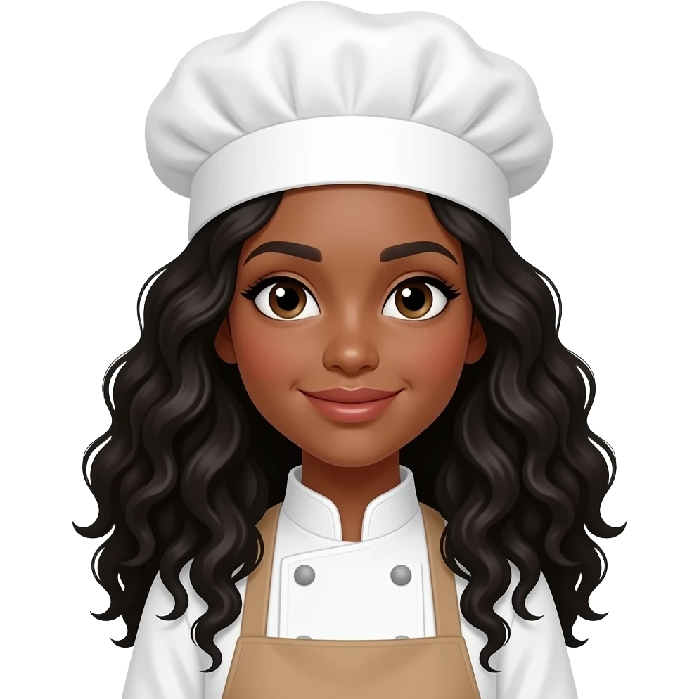 chicade piel morocha con rulos negros largos y vestida de pastelera emoji