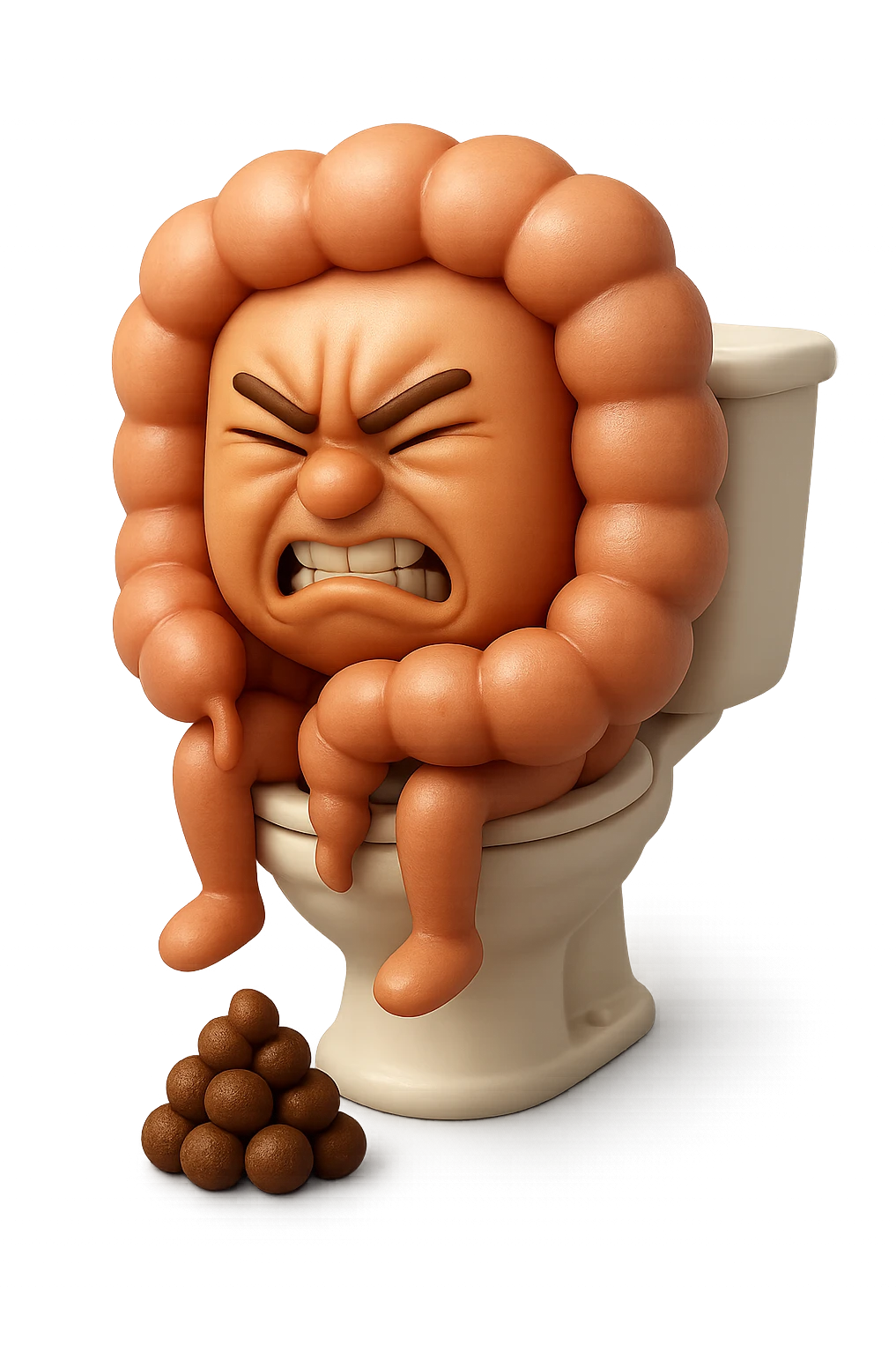 EMOJI STILE IPHONE 3D DI UN INTESTINO CHE sta seduto sul wc e davanti ha una montagnetta di feci a palline stile emoji iphone, fallo senza naso e FAGLI UN ESPRESSIONE di dolore mentre si sforza E FALLO MOLTO REALISTICO IN 3D emoji