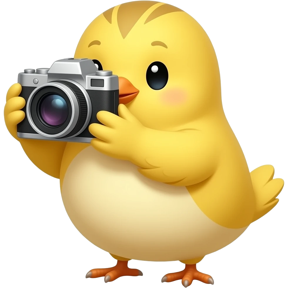 lovable small yellow bird using a camera to take a photo. the image must be a transparent .png emoji