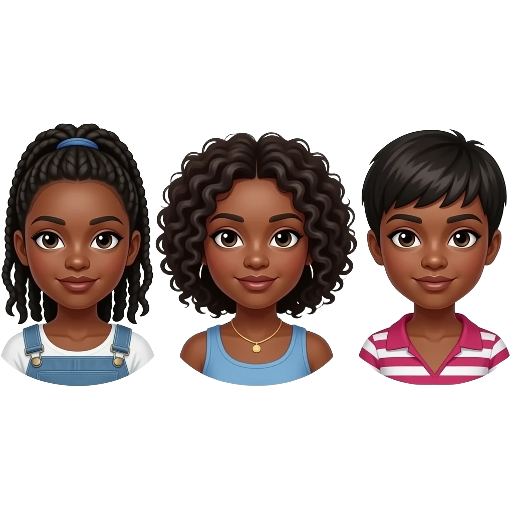 3 black sisters only. One with locs, other with curly hair and one with pixie cut emoji