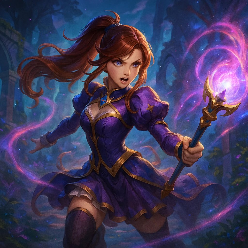 Guinevere from MLBB, mid-battle, glowing staff, fantasy background, confident look emoji