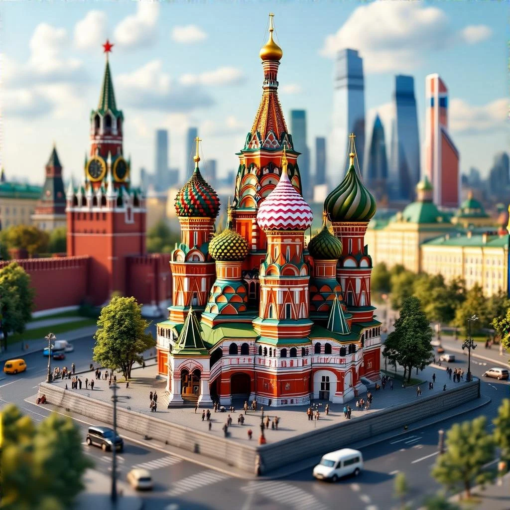 Изометричная миниатюрная фотореалистичная 3D модель Москвы на подставке - Кремль, собор Василия Блаженного, Башни Москва-Сити, четкая детализация, яркие цвета, мультяшный реализм, люди, автотранспорт и метро, компактная композиция, вид сверху в изометрии, прозрачный фон emoji