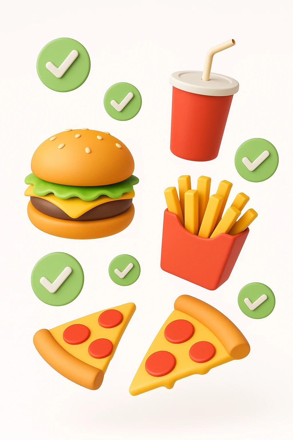 fast food fluttua in aria insieme a spunte di verificato in 3d, sfondo bianco emoji