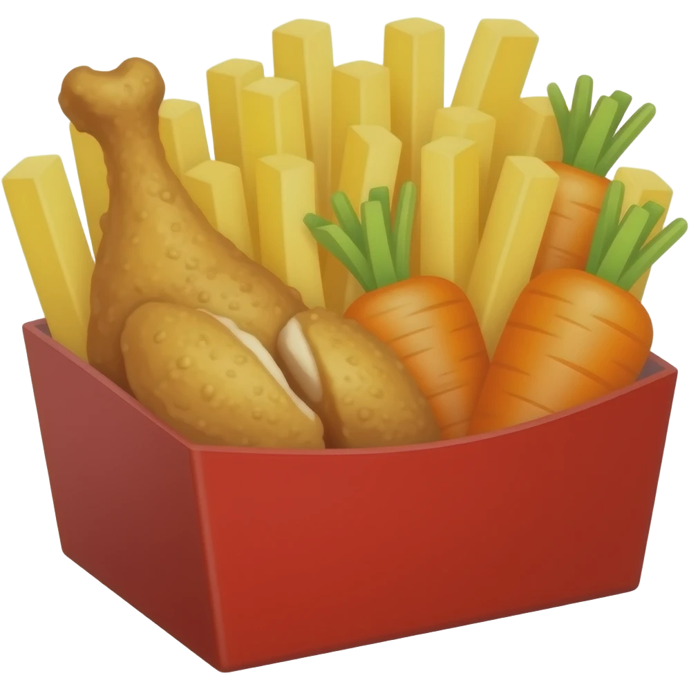papas fritas en una caja roja con pedacitos de pollo frito, y rodajas de zanahoria emoji