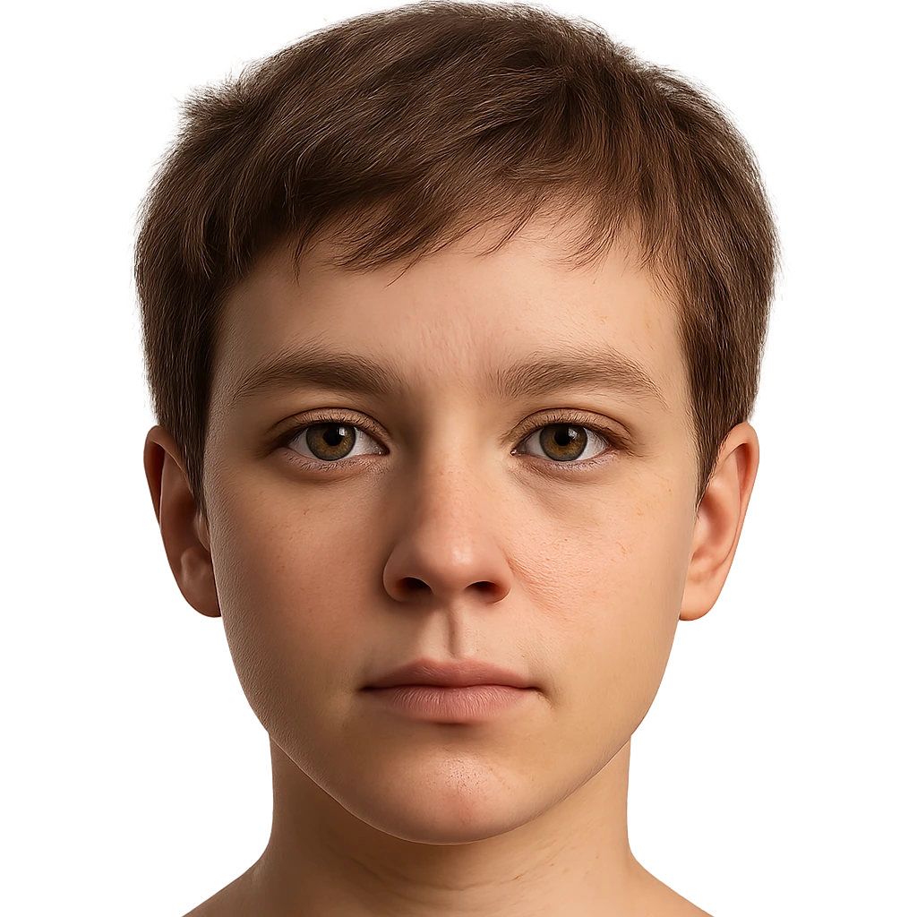 hyper-realistic emoji face of a young person with short tousled brown hair, light skin, neutral expression, detailed skin texture, natural lighting, lifelike eyes, realistic facial features emoji