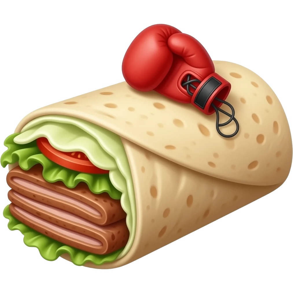 Doner kebab emoji in an open flatbread (not wrapped like a dürüm), visible filling with layered meat slices, lettuce, tomato and sauce, bread folded but open at the top, small boxing gloves, no arms or legs, clean glossy emoji style emoji