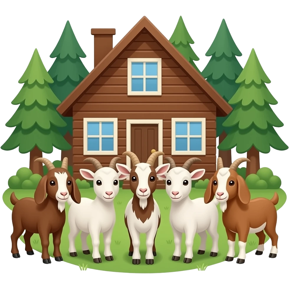 Hazme 7 cabritas, que cada una tenga color marrón y blanco. Son pequeñas y estan juntas. Hay una casa en el fondo de color marrón. Estan en el bosque. emoji