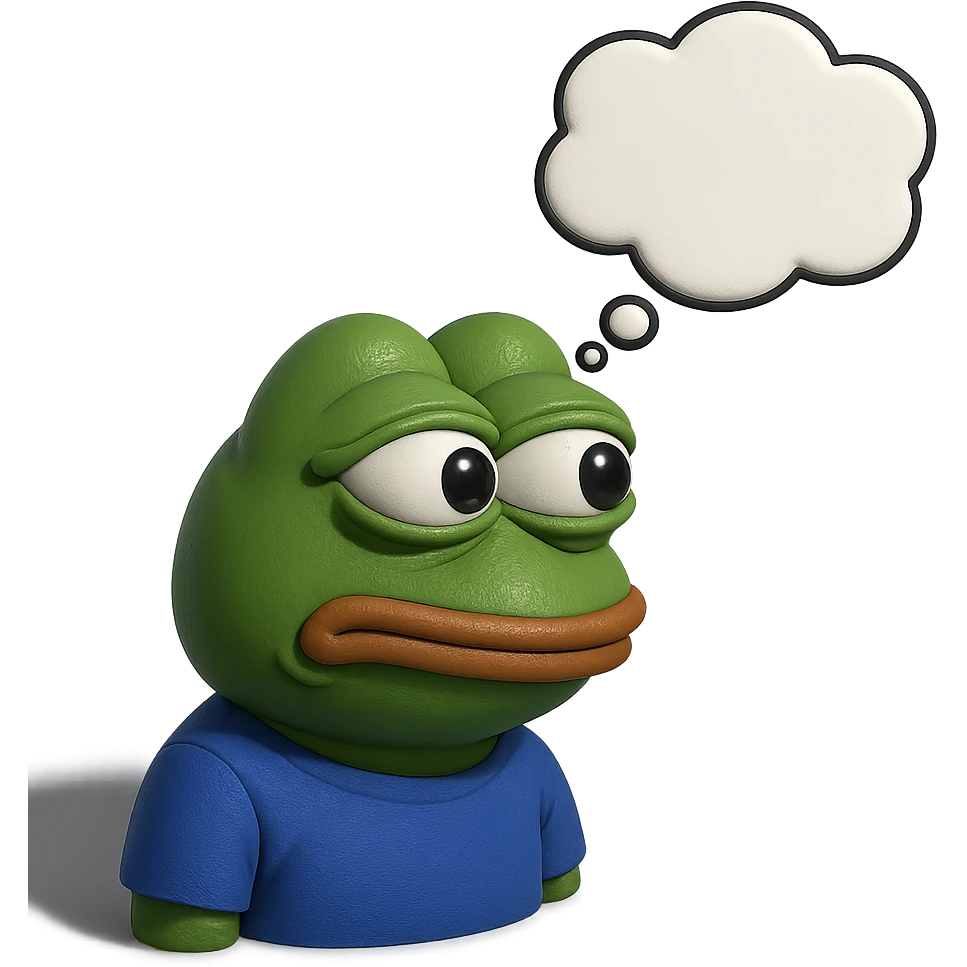 make a pepe with thought bubble looking at left side in 3d style, good highlights and shadows, drop shadows  emoji