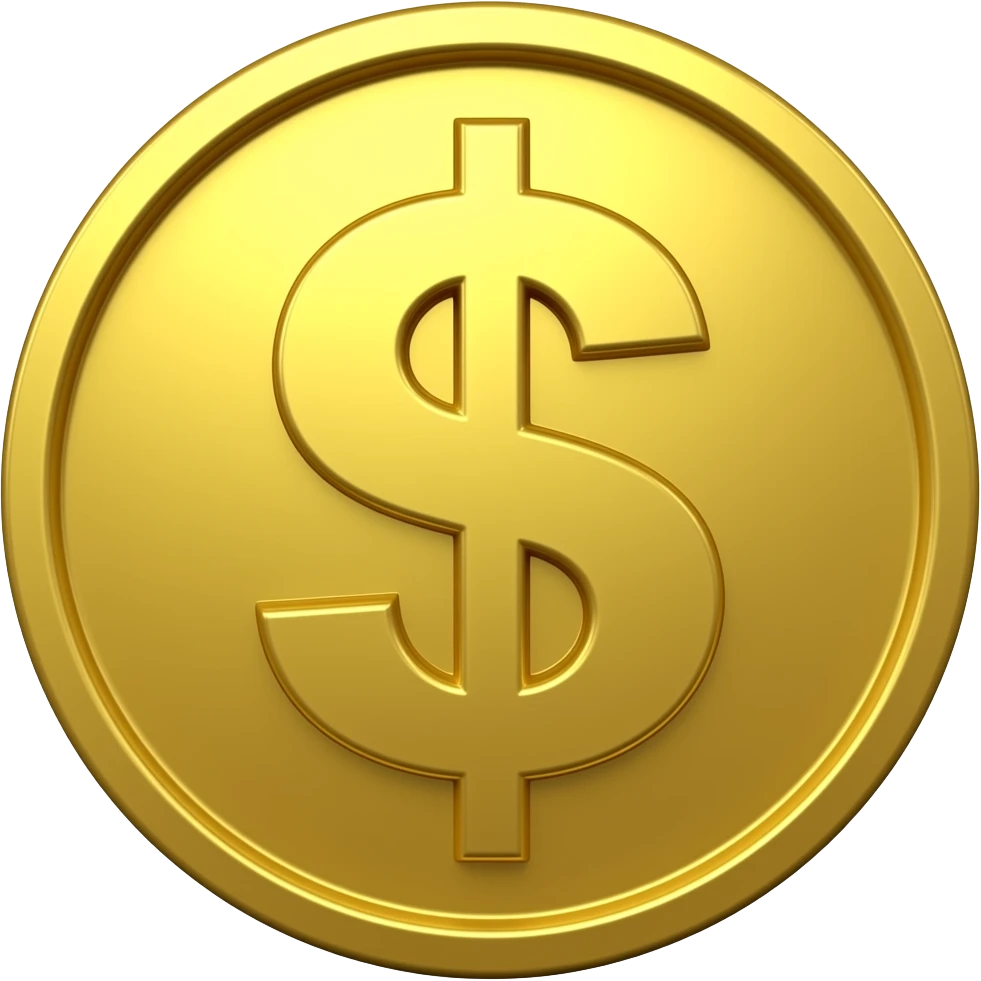 A highly detailed, realistic 3D gold coin featuring a "money face" (eyes are dollar signs with a smile) emoji