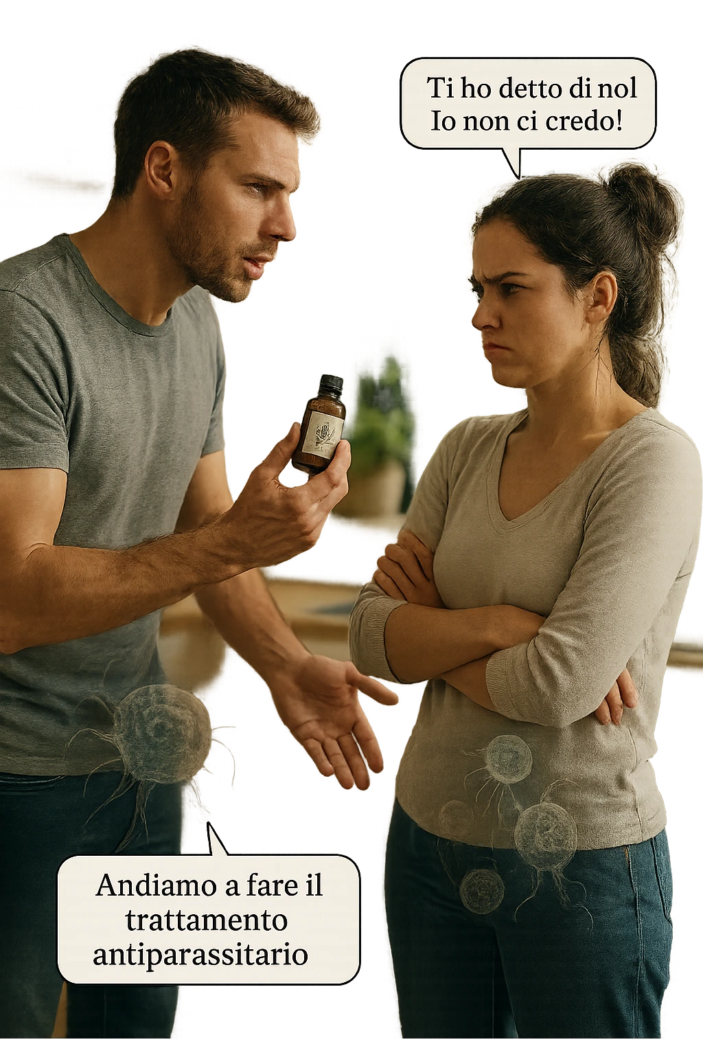 A highly realistic, cinematic photo of a young couple in their early 30s having an argument in a bright modern kitchen. The man, athletic build, wearing a casual T-shirt and jeans, is speaking firmly with a raised hand holding a small amber glass bottle labeled with a subtle herbal symbol, saying 'Andiamo a fare il trattamento antiparassitario' with a determined expression. The woman, with long dark hair tied in a messy bun, casual home outfit, crosses her arms with an angry, defensive expression, replying 'Ti ho detto di no! Io non ci credo!' while slightly turning away. Tension is visible in their body language, with the man leaning forward trying to explain and the woman leaning back, her eyebrows furrowed. Around them, subtle ghostly overlays of microscopic parasites are faintly visible near their abdominal areas, symbolizing the hidden reason for the argument. The kitchen is bright and modern with plants and natural light, contrasting the emotional tension. The style is hyperrealistic with warm tones and shallow depth of field focusing on their facial expressions, illustrating the conflict between belief in natural treatments and skepticism within the couple regarding hidden parasitic infections. in italiano emoji