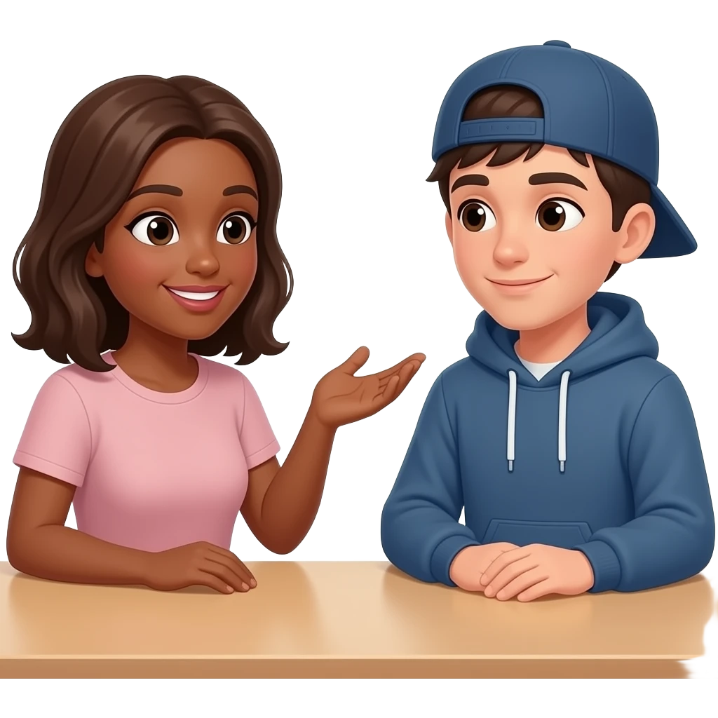 Adult woman with brown skin and brown hair talking to adult man with brown skin and dark hair, sitting at a table next to a teenager wearing a cap and a large sweatshirt emoji