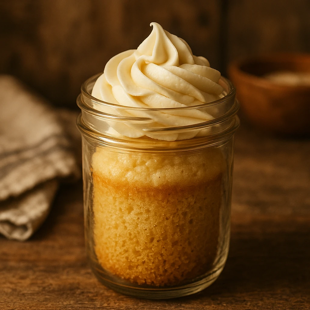a glass jar with a vanilla cupcake baked inside, golden cake, creamy frosting, cozy and homemade feel emoji