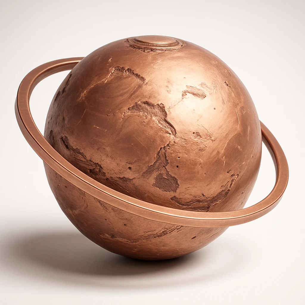 rose gold Mars, stylized with orbit ring, metallic, no text emoji