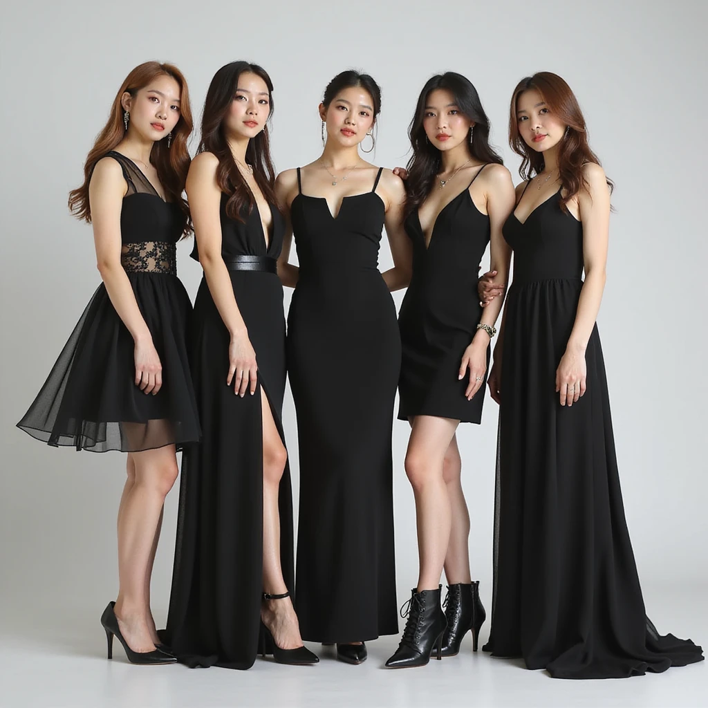 Blackpink K-pop group, group pose, photorealistic, elegant dresses, sophisticated and poised emoji
